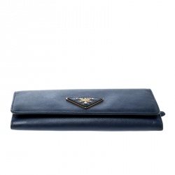 Pre Owned Prada Blue Saffiano Triang Leather Continental Wallet