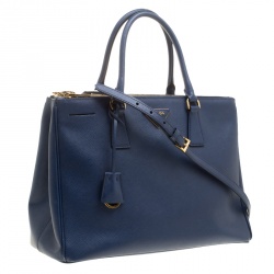 Pre Owned Prada Blue Saffiano Lux Leather Medium Double Zip Tote