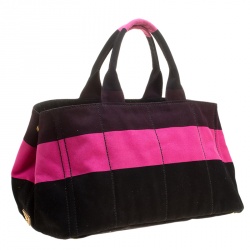 Pre Owned Prada Pink/Black Stripe Canvas Large Tote