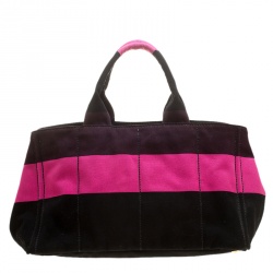 Pre Owned Prada Pink/Black Stripe Canvas Large Tote