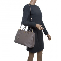 Pre Owned Prada Grey Saffiano Lux Leather Medium Double Zip Tote