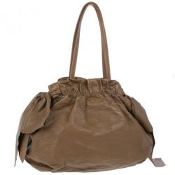 Pre Owned Prada Brown Lambskin Bow Detail Medium Hobo