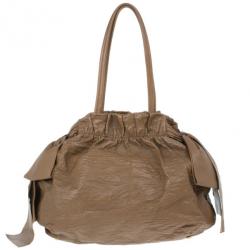 Pre Owned Prada Brown Lambskin Bow Detail Medium Hobo