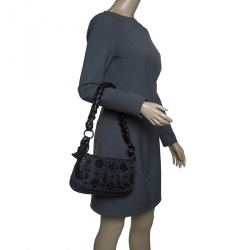 Pre Owned Prada Black Denim Embellished Braided Shoulder Bag