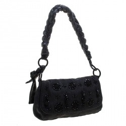 Pre Owned Prada Black Denim Embellished Braided Shoulder Bag