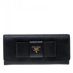 Pre Owned Prada Black Saffiano Leather Bow Continental Wallet