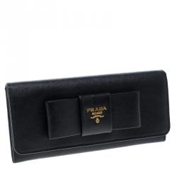 Pre Owned Prada Black Saffiano Leather Bow Continental Wallet