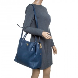Pre Owned Prada Navy Blue Vitello Daino Leather Shopper Tote