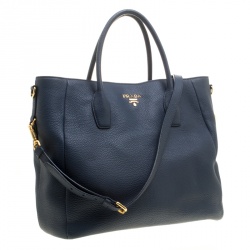 Pre Owned Prada Navy Blue Vitello Daino Leather Shopper Tote