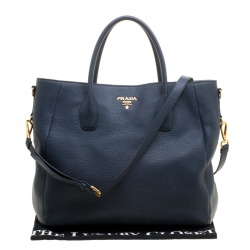 Pre Owned Prada Navy Blue Vitello Daino Leather Shopper Tote