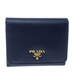 Pre Owned Prada Blue Saffiano Metal Leather Tri Fold Wallet