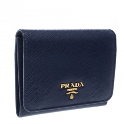 Pre Owned Prada Blue Saffiano Metal Leather Tri Fold Wallet