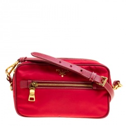 Pre Owned Prada Red Tessuto and Saffiano Leather Bandoliera Camera Case Bag