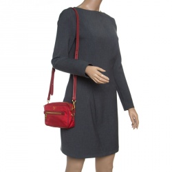 Pre Owned Prada Red Tessuto and Saffiano Leather Bandoliera Camera Case Bag