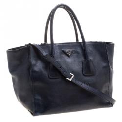 Pre Owned Prada Navy Blue Leather Double Zip Tote