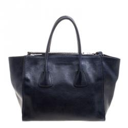 Pre Owned Prada Navy Blue Leather Double Zip Tote