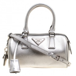 Pre Owned Prada Metallic Grey Saffiano Lux Leather Crossbody Bag