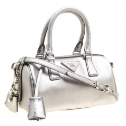 Pre Owned Prada Metallic Grey Saffiano Lux Leather Crossbody Bag