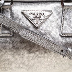Pre Owned Prada Metallic Grey Saffiano Lux Leather Crossbody Bag
