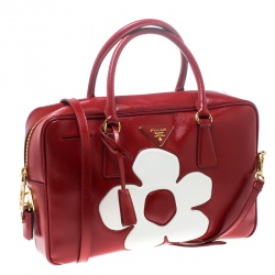 Pre Owned Prada Red and White Saffiano Vernice Patent Leather Bauletto Flower Top handle Bag