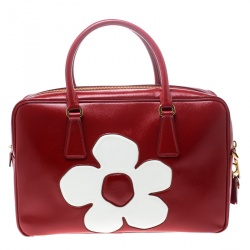 Pre Owned Prada Red and White Saffiano Vernice Patent Leather Bauletto Flower Top handle Bag