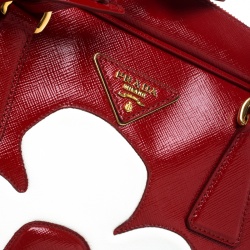 Pre Owned Prada Red and White Saffiano Vernice Patent Leather Bauletto Flower Top handle Bag
