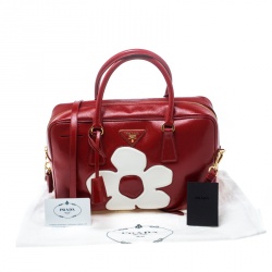 Pre Owned Prada Red and White Saffiano Vernice Patent Leather Bauletto Flower Top handle Bag