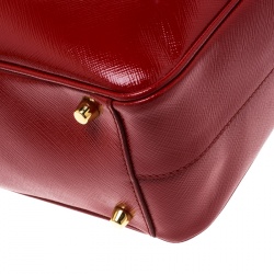 Pre Owned Prada Red and White Saffiano Vernice Patent Leather Bauletto Flower Top handle Bag