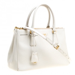 Pre Owned Prada White Saffiano Lux Leather Medium Double Zip Tote