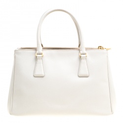 Pre Owned Prada White Saffiano Lux Leather Medium Double Zip Tote