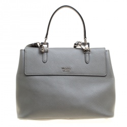 Pre Owned Prada Grey Saffiano Cuir Leather Double Turn Lock Satchel