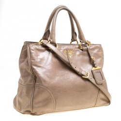 Pre Owned Prada Dark Beige Vitello Shine Leather Top Handle Bag