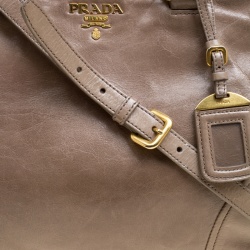 Pre Owned Prada Dark Beige Vitello Shine Leather Top Handle Bag