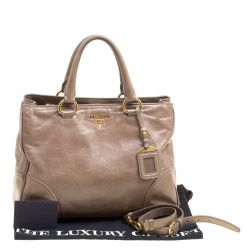 Pre Owned Prada Dark Beige Vitello Shine Leather Top Handle Bag