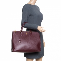 Pre Owned Prada Burgundy Saffiano Lux Leather Executive Double Zip Tote