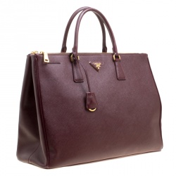 Pre Owned Prada Burgundy Saffiano Lux Leather Executive Double Zip Tote