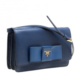 Pre Owned Prada Blue Saffiano Lux Leather Bow Clutch