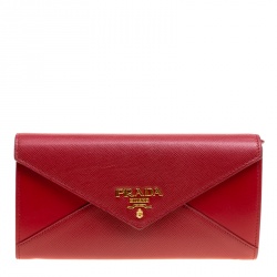 Pre Owned Prada Red Saffiano Lux and City Calf Leather Envelope Continental Wallet