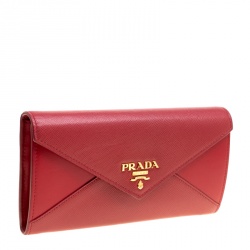 Pre Owned Prada Red Saffiano Lux and City Calf Leather Envelope Continental Wallet