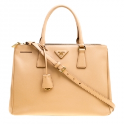 Pre Owned Prada Beige Saffiano Lux Leather Medium Galleria Double Zip Top Handle Bag