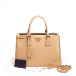 Pre Owned Prada Beige Saffiano Lux Leather Medium Galleria Double Zip Top Handle Bag