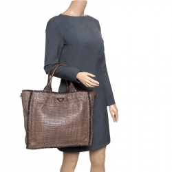 Pre Owned Prada Dark Beige Woven Leather Large Madras Tote