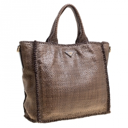 Pre Owned Prada Dark Beige Woven Leather Large Madras Tote