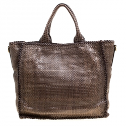 Pre Owned Prada Dark Beige Woven Leather Large Madras Tote