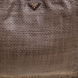 Pre Owned Prada Dark Beige Woven Leather Large Madras Tote