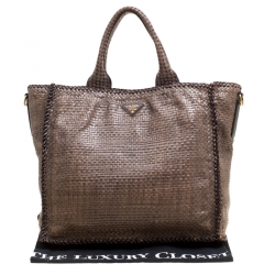 Pre Owned Prada Dark Beige Woven Leather Large Madras Tote