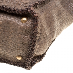 Pre Owned Prada Dark Beige Woven Leather Large Madras Tote