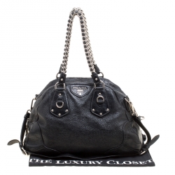 Pre Owned Prada Black Shimmering Leather Top Handle Bag