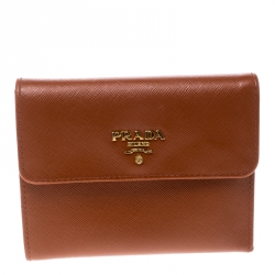 Pre Owned Prada Orange Saffiano Lux Leather Trifold Wallet