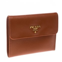 Pre Owned Prada Orange Saffiano Lux Leather Trifold Wallet